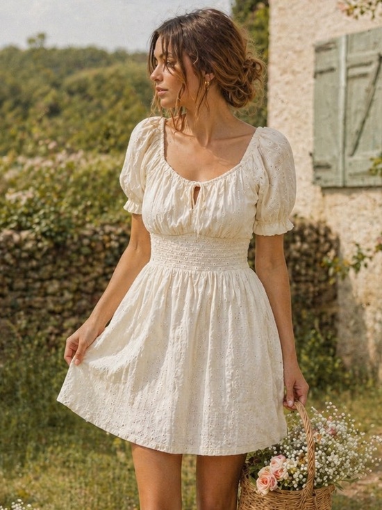 Old Navy Dresses & Skirts - Old Navy Milkmaid Mini Dress Eyelet Cream Puff Sleeve Smocked Cottagecore M